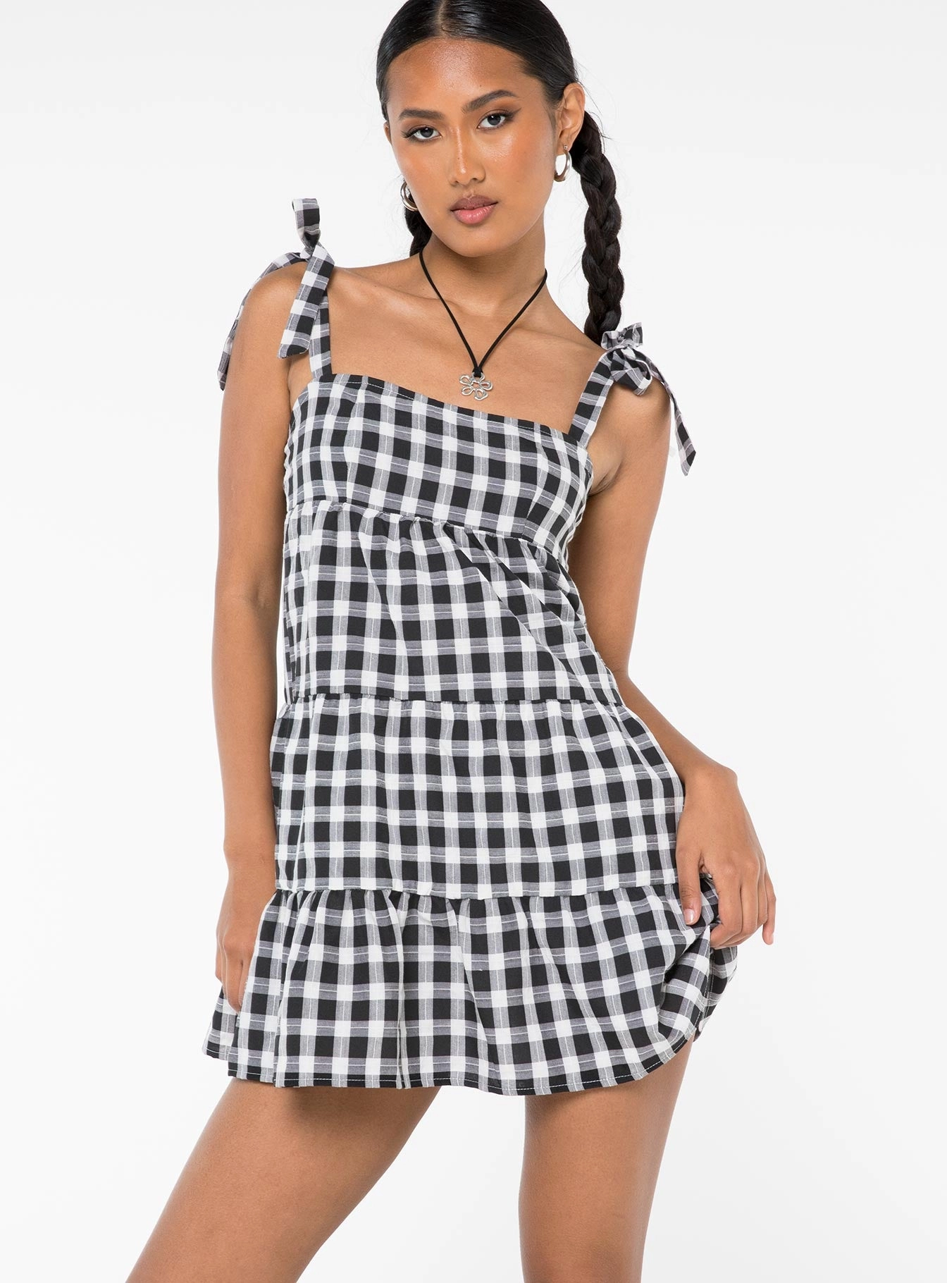 Lilah Gingham Mini Dress Black / White wrap waist