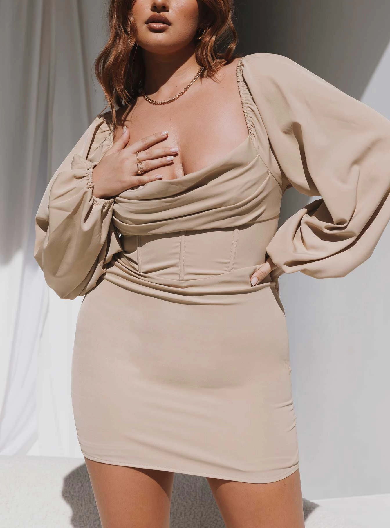 Lillie Long Sleeve Mini Dress Beige Clean Edge