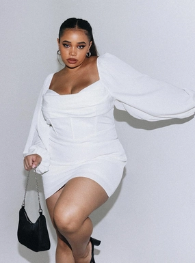 Lillie Long Sleeve Mini Dress White Curve Airy Drape Silky Shape