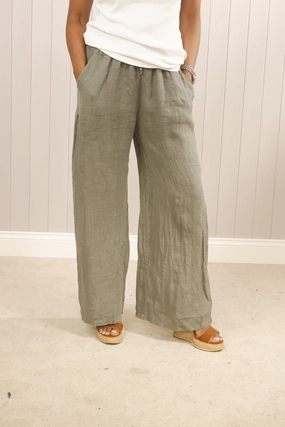 High Quality Material Breathable Performance Wear Linen Wide Leg Trousers Khaki