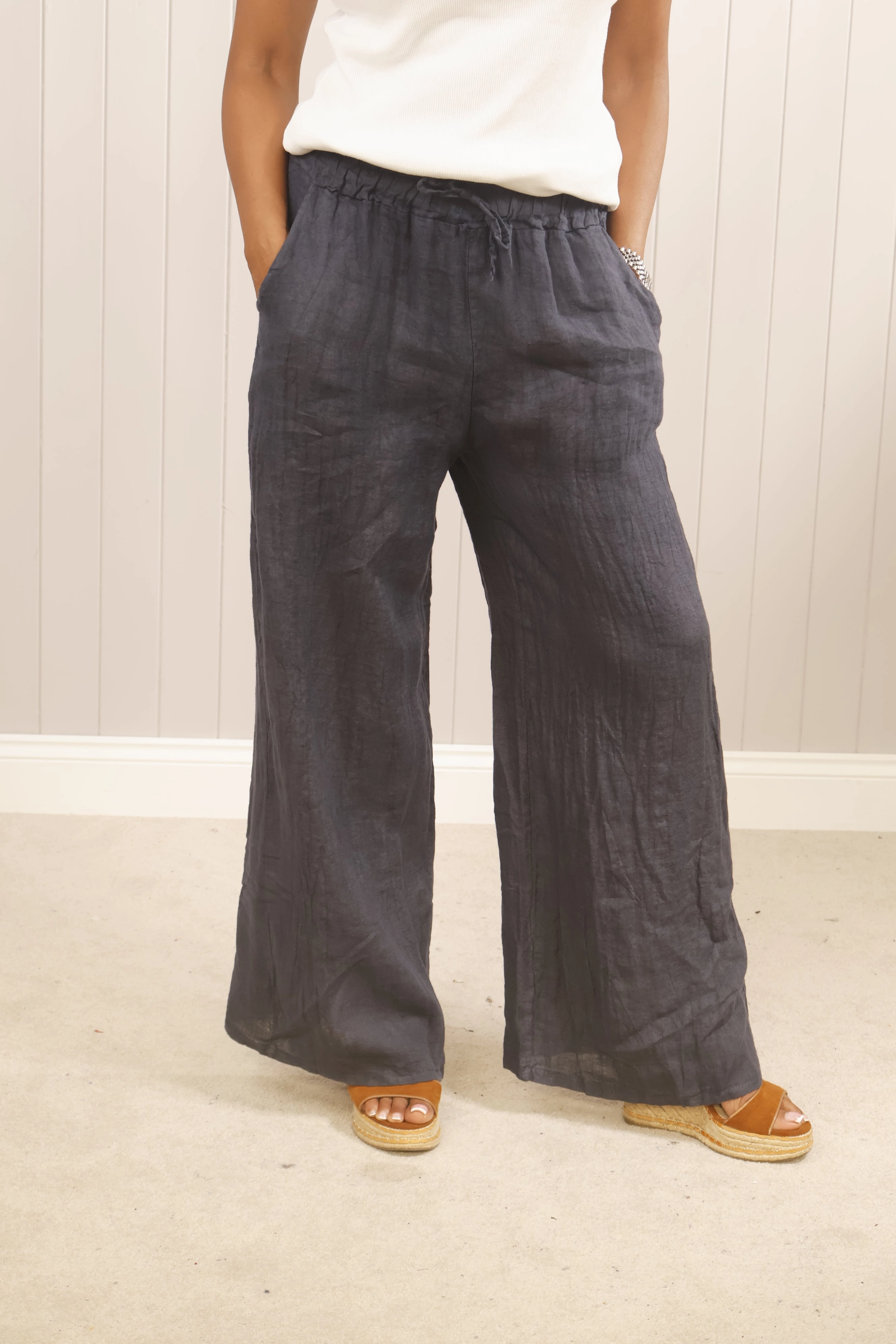 Soft Support Linen Wide Leg Trousers Navy