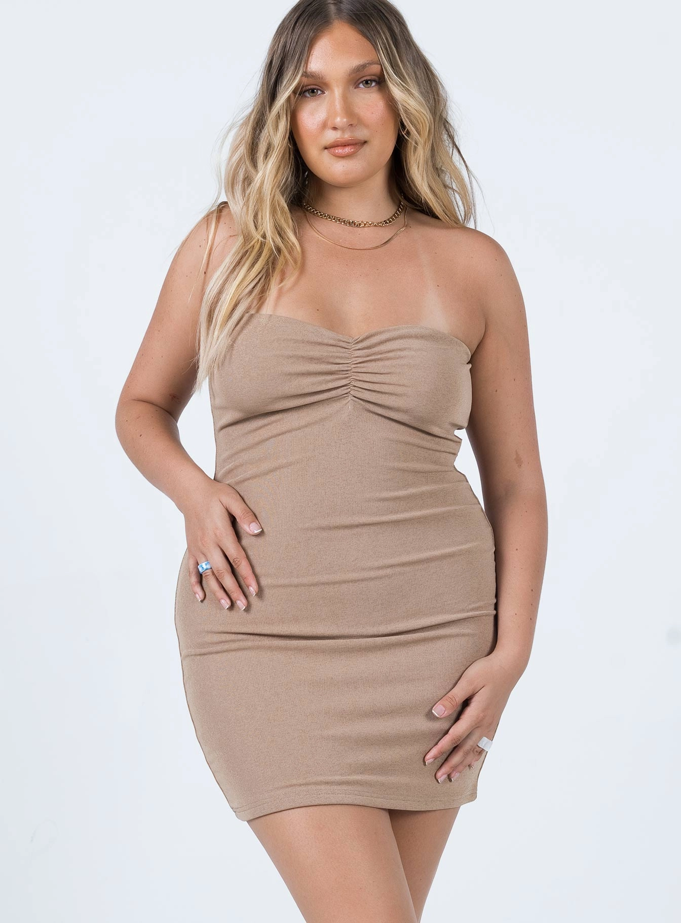 Morning Wear Mood Comfort Charm Strapless Mini Dress Brown