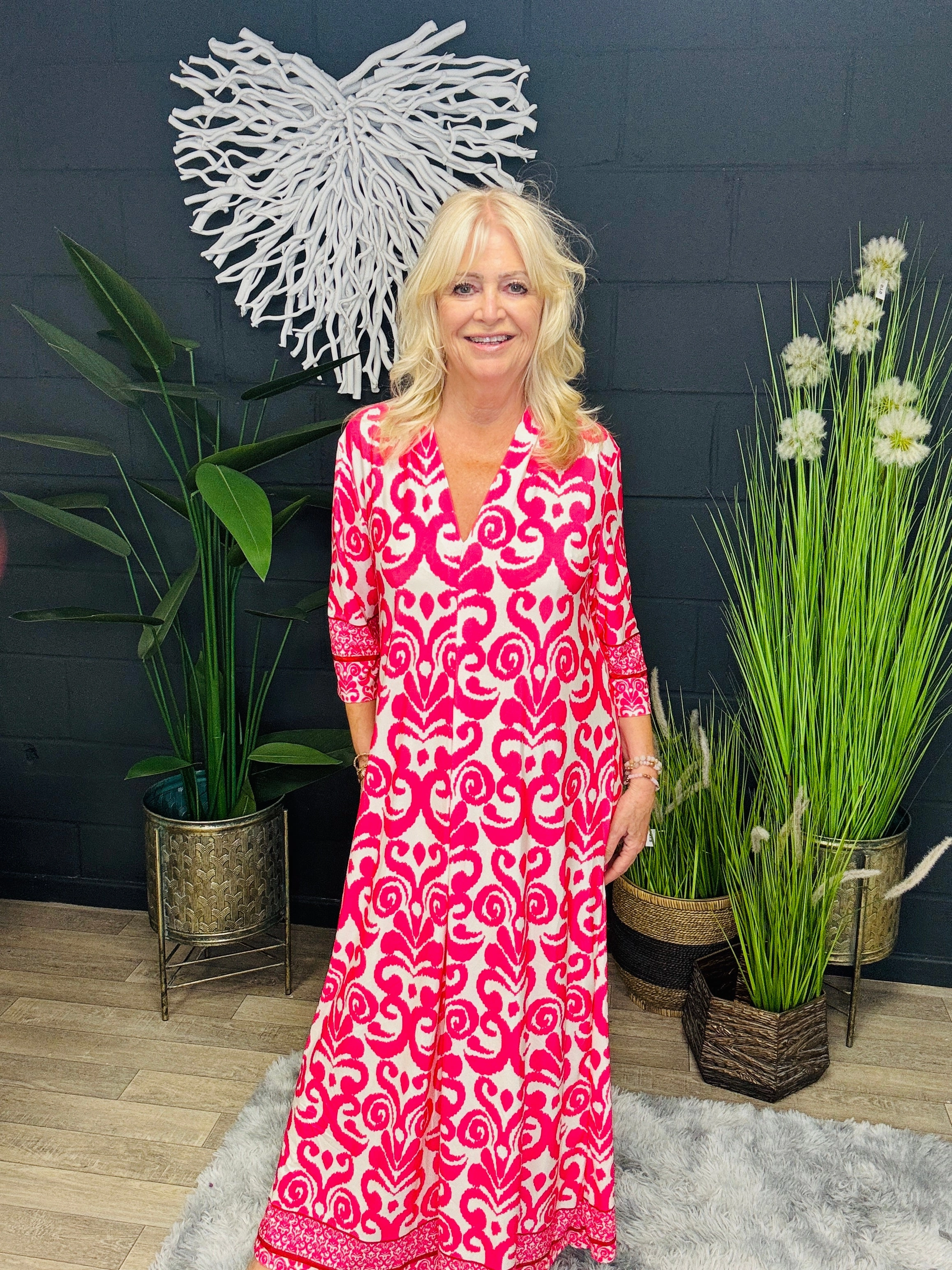 Long sleeve Maxi Print Dress Fuchsia Graceful Ease