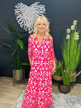 Long sleeve Maxi Print Dress Fuchsia Graceful Ease