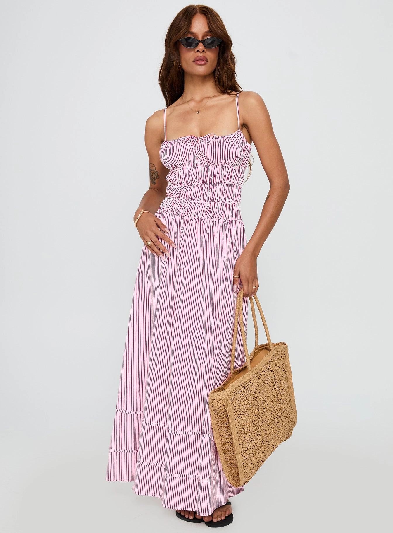 Loralei Shirred Maxi Dress Red Stripe UV-Resistant Wave Soft