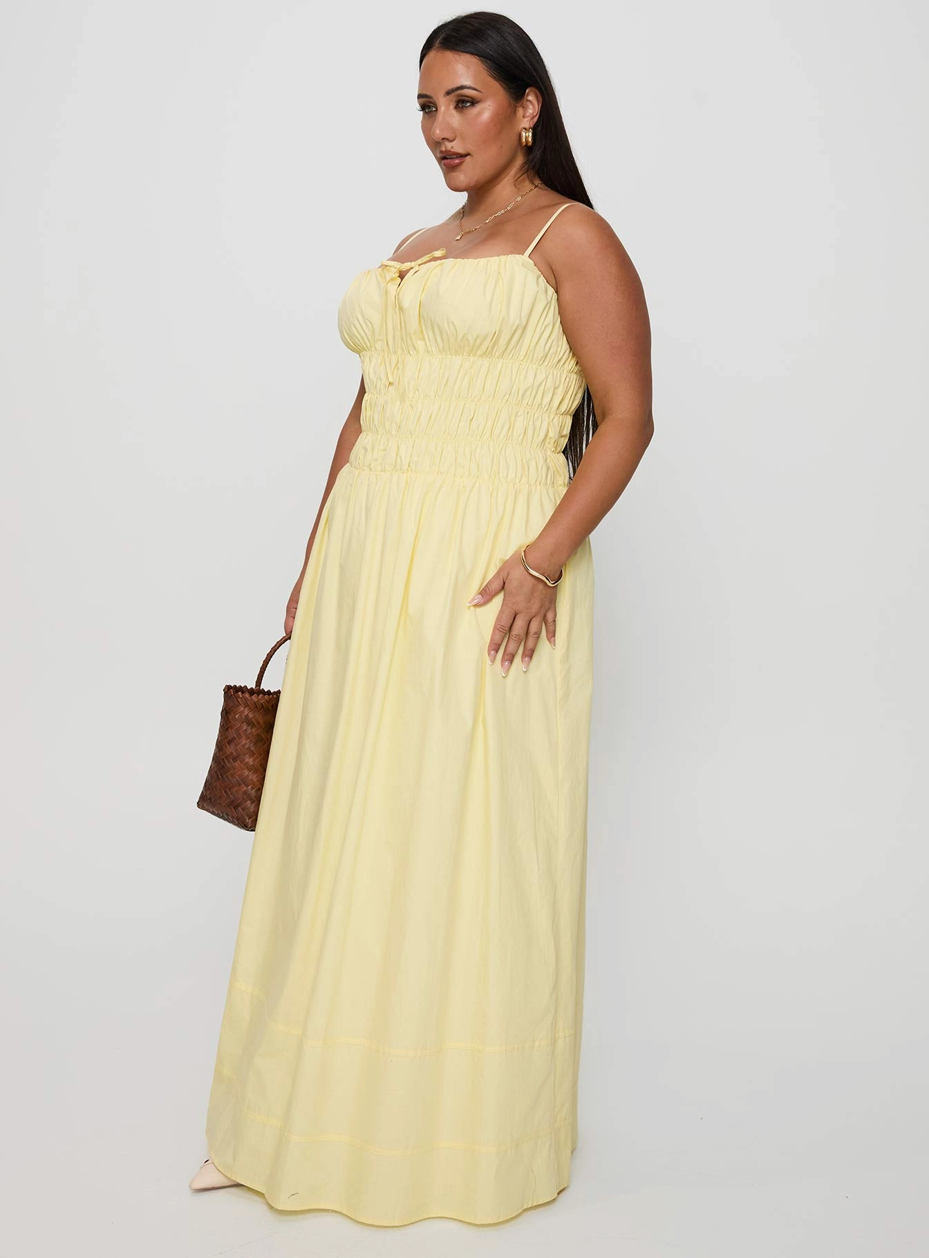 Loralei Shirred Maxi Dress Yellow Curve Tonal-Stitching