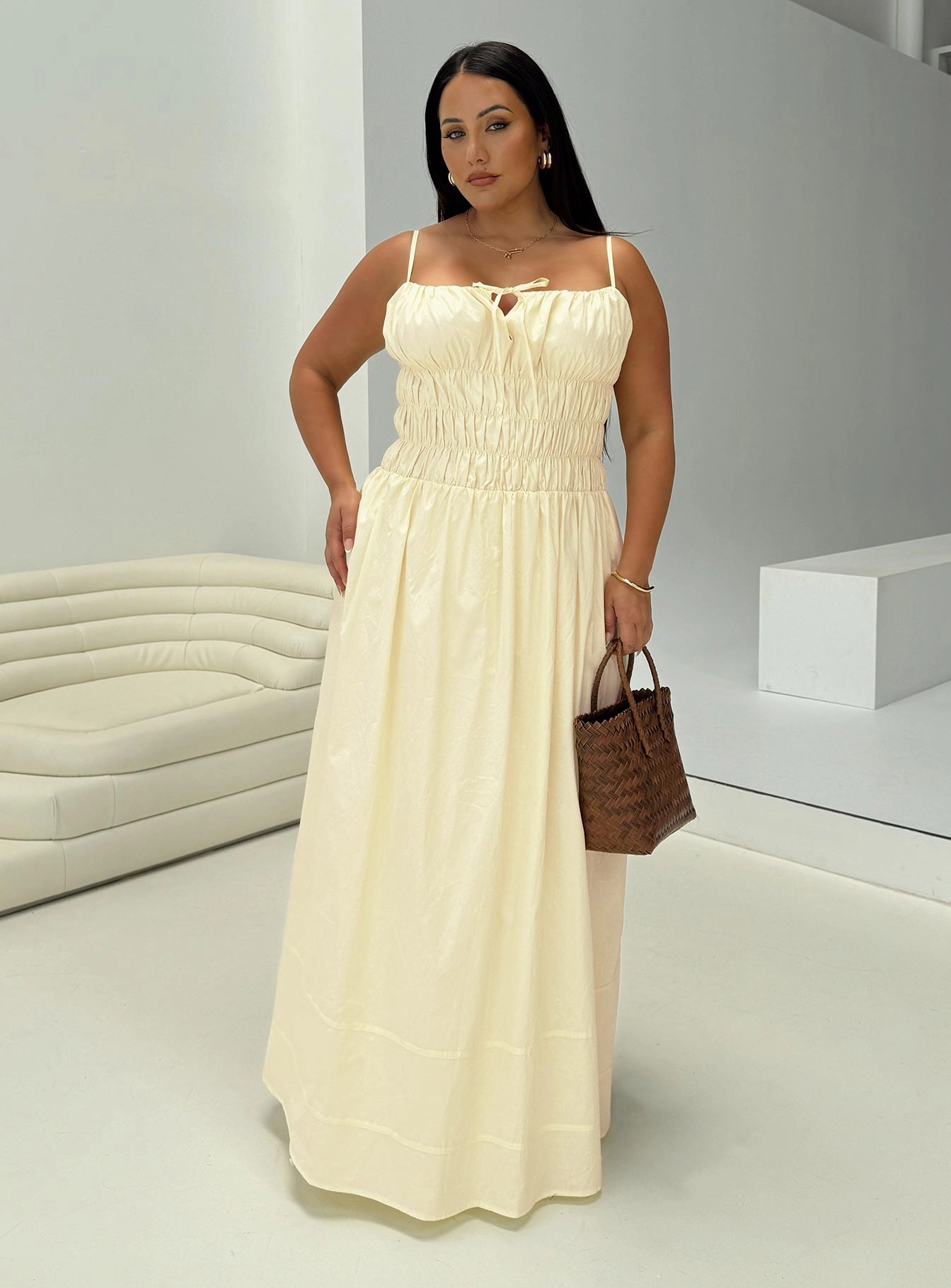 Loralei Shirred Maxi Dress Yellow Curve Sleek Cut A-Line