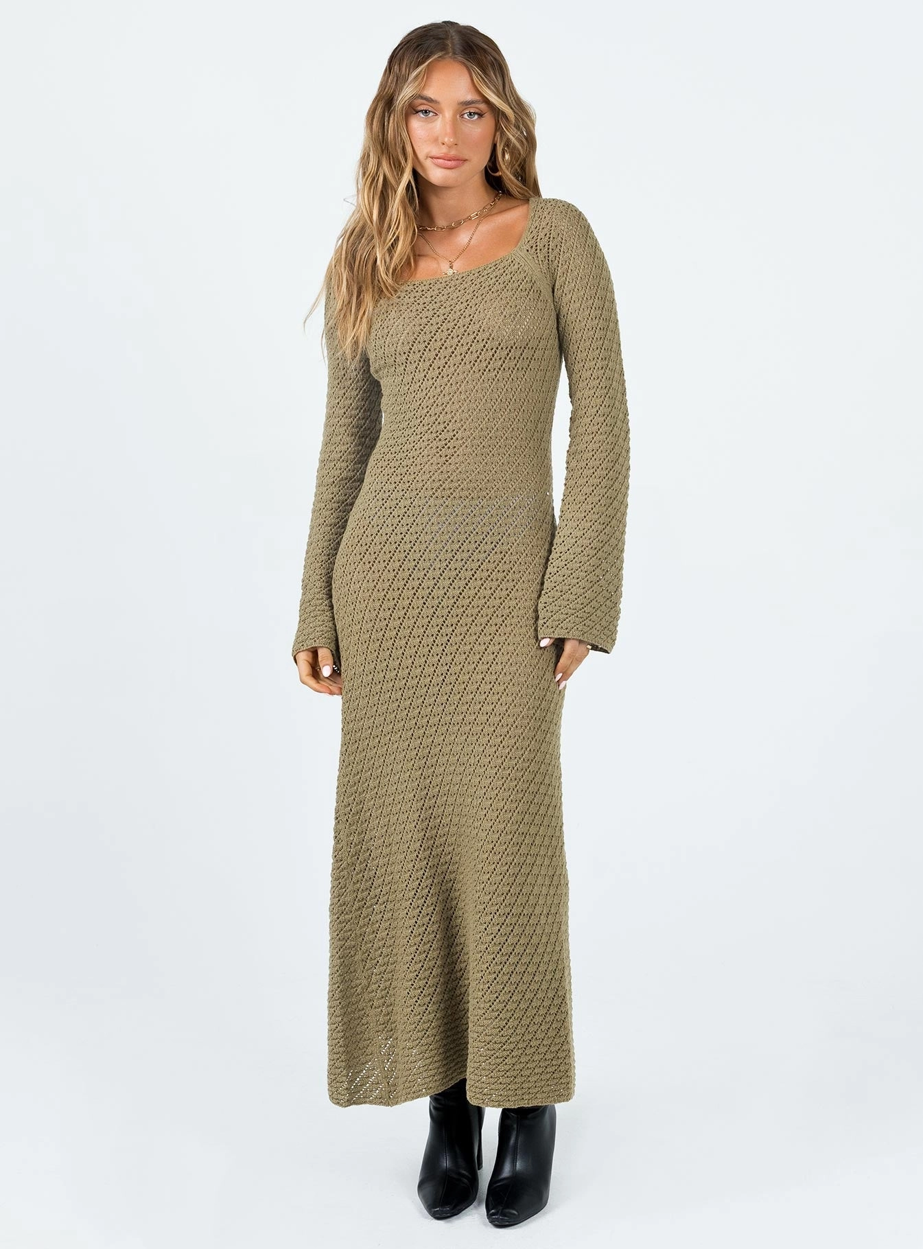 Timeless Comfort Wear Lorena Long Sleeve Maxi Dress Khaki