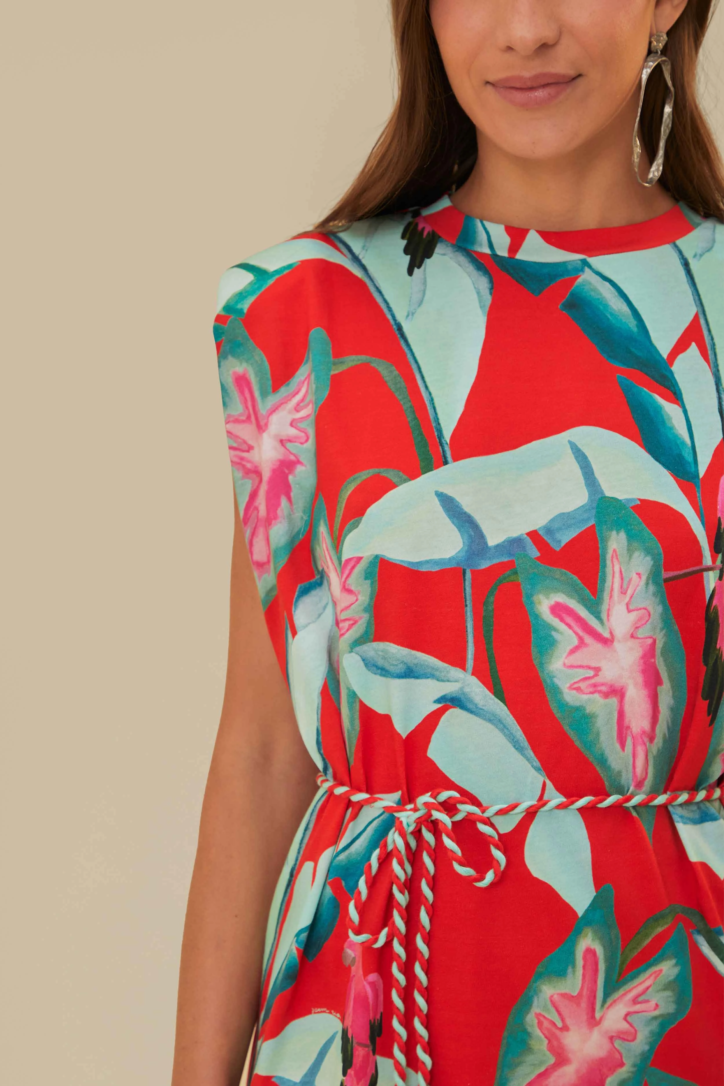 Red Summer Foliage Organic Cotton Mini T-Shirt Dress Ribbed Collar Design Chic and Cozy Wear