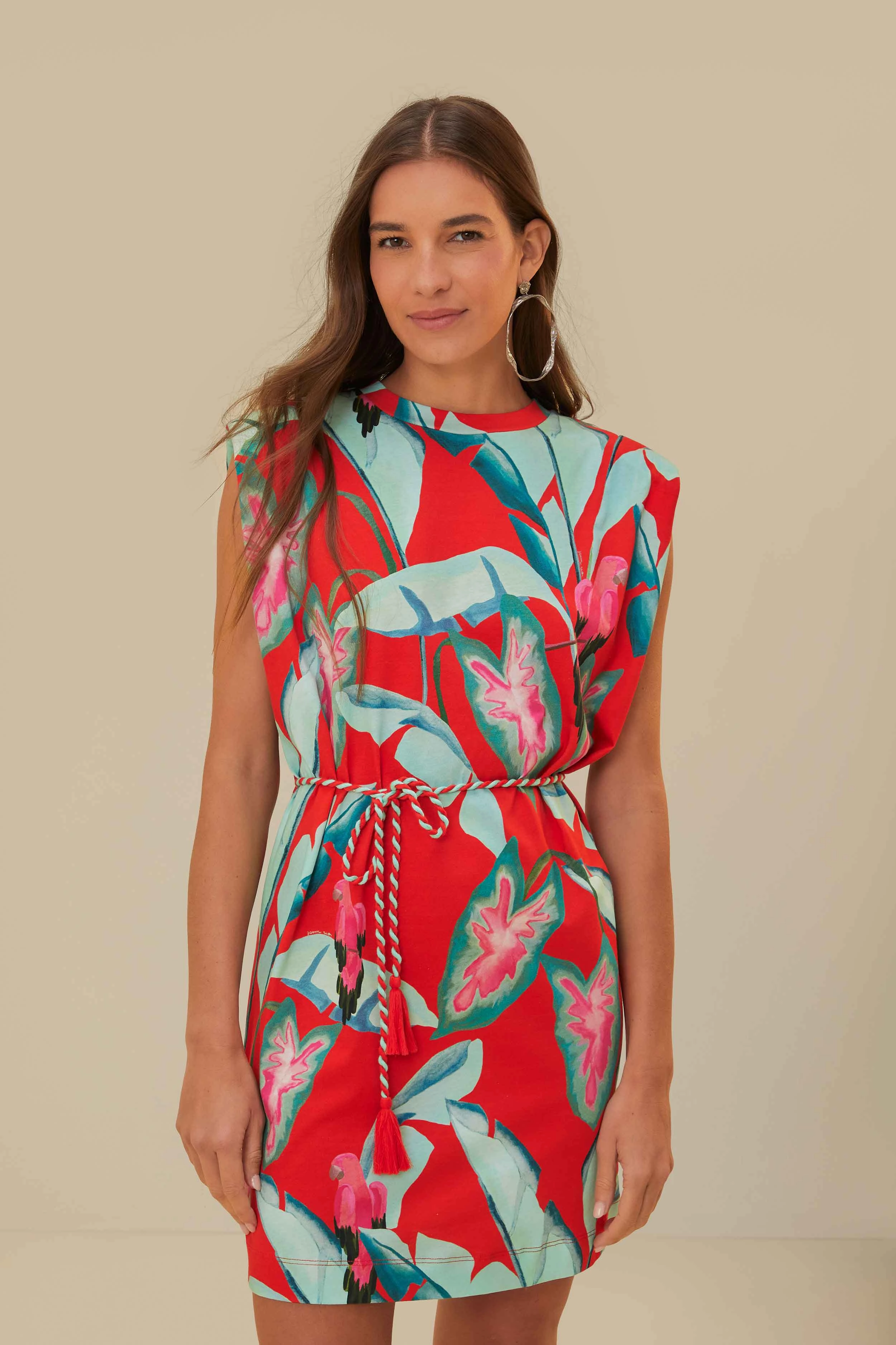 Red Summer Foliage Organic Cotton Mini T-Shirt Dress Layering Comfort