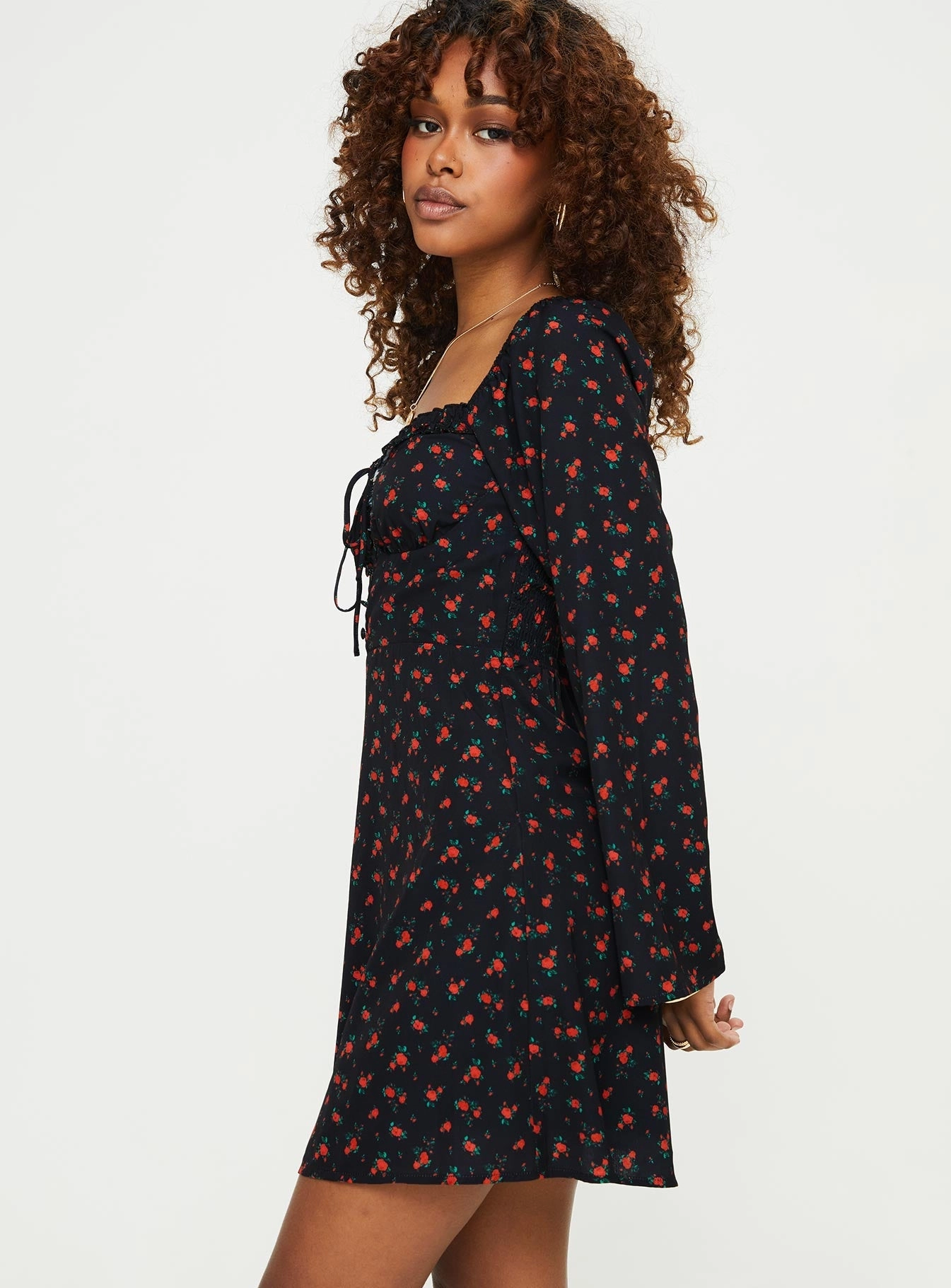 Chill Mode Comfy and Elegant Love Birds Long Sleeve Mini Dress Black / Red Floral
