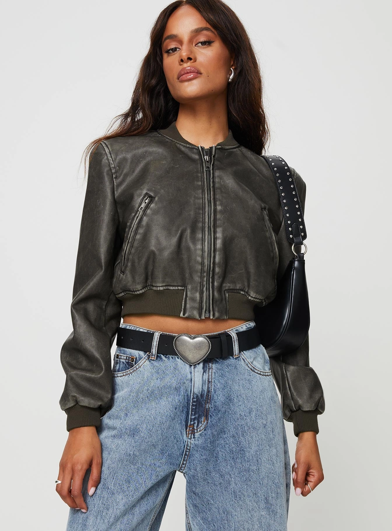 Allure Faux Leather Bomber Jacket Charcoal Waterproof Design Changeable Style