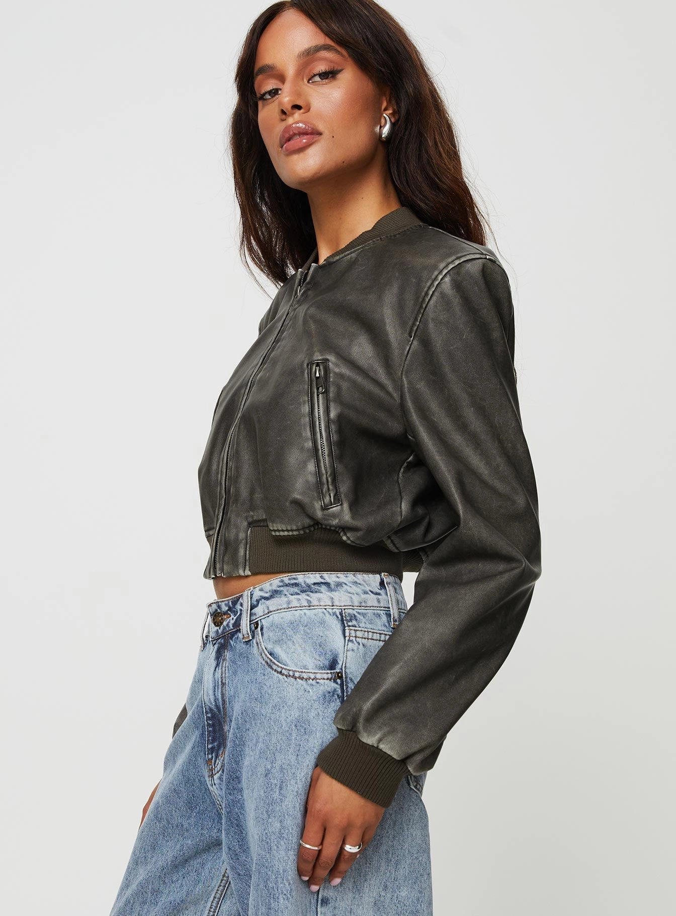 Allure Faux Leather Bomber Jacket Charcoal Water Resistant Fabric Clean Jacket Detail