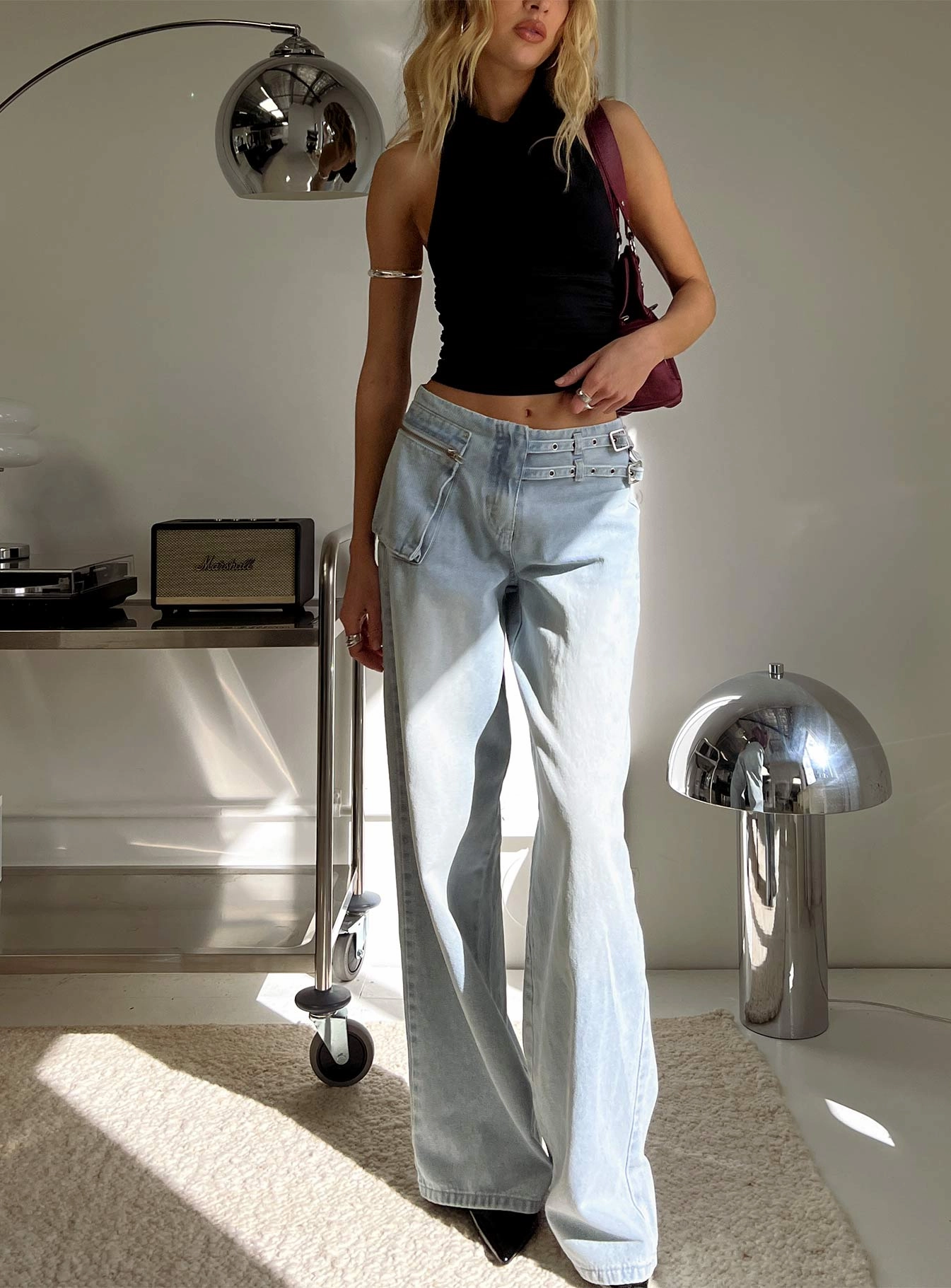 Premium Denim Easy Outfit Paltrow Mid Rise Wide Leg Cargo Jeans Faded Blue Wash