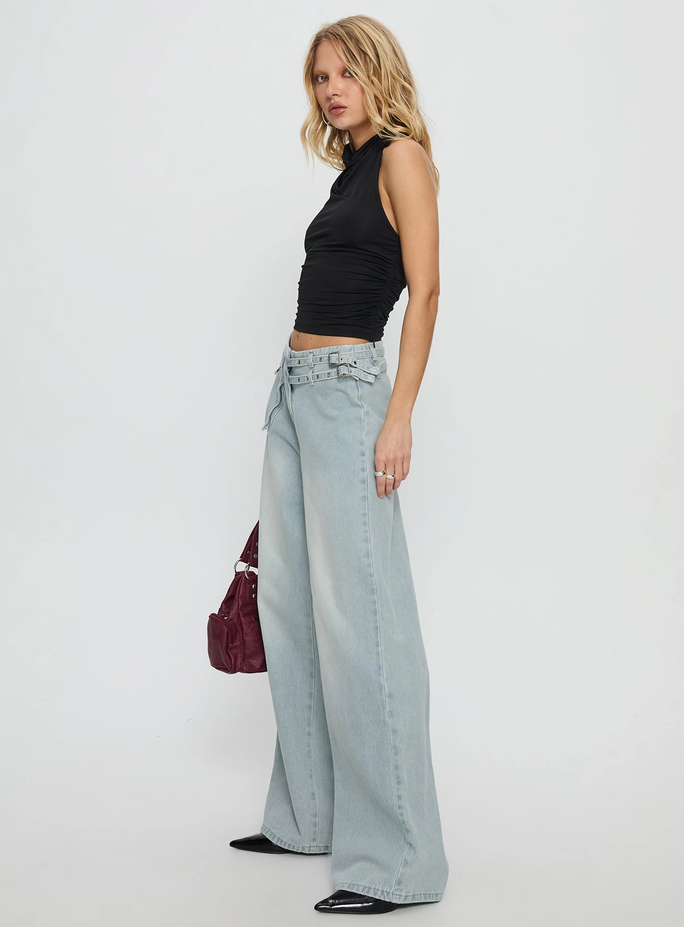 Paltrow Mid Rise Wide Leg Cargo Jeans Faded Blue Wash Stylish Fit fade resistant color