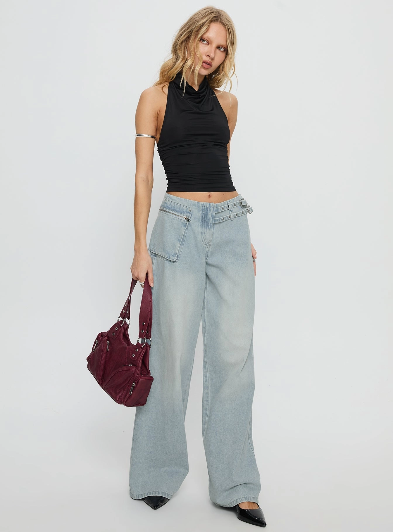 Paltrow Mid Rise Wide Leg Cargo Jeans Faded Blue Wash Office Wear Couple Look Work Ready Urban Mood