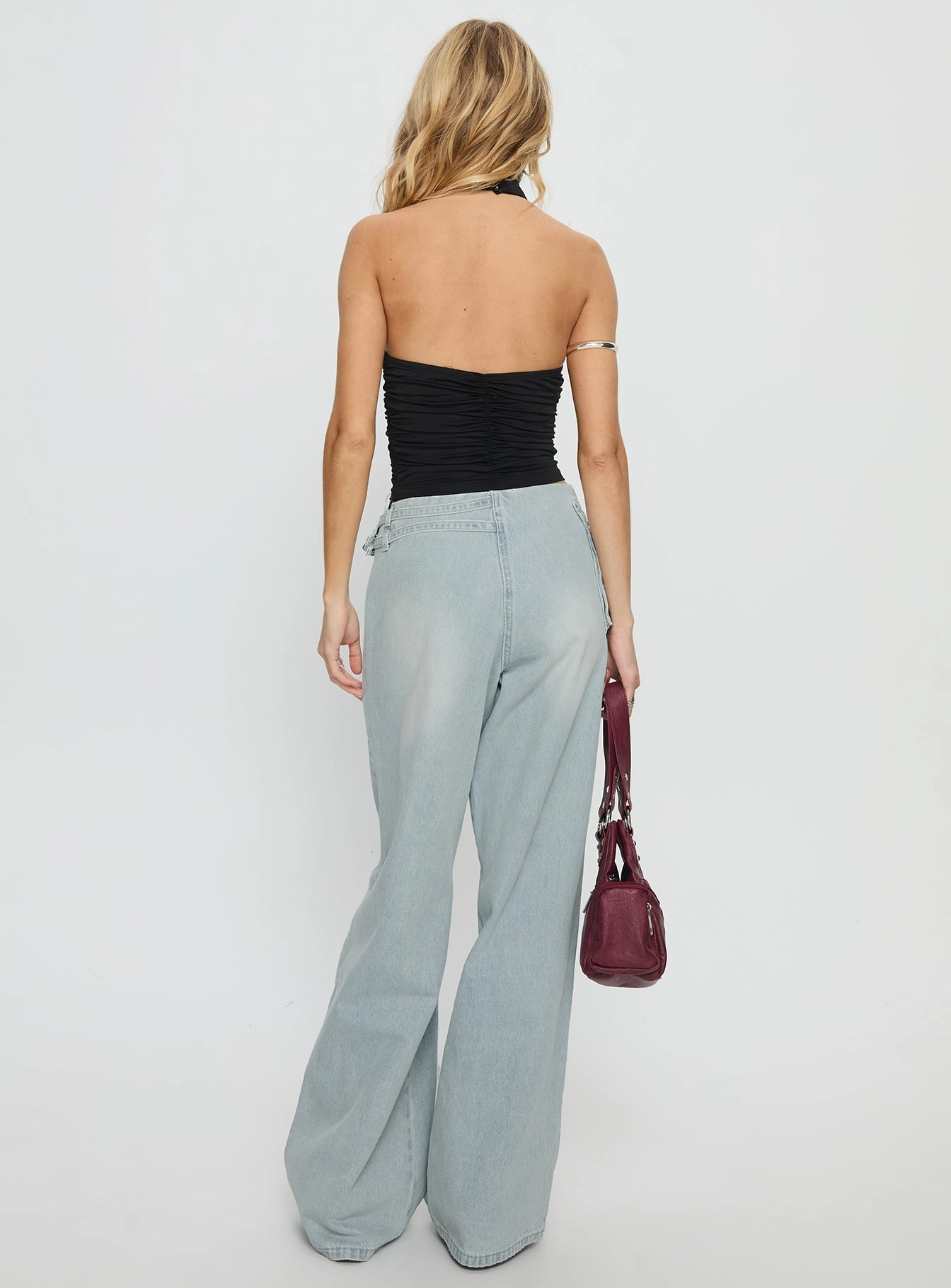 Paltrow Mid Rise Wide Leg Cargo Jeans Faded Blue Wash Travel Outfit Casual Stretch Urban Explorer Evening Stroll Casual Friday