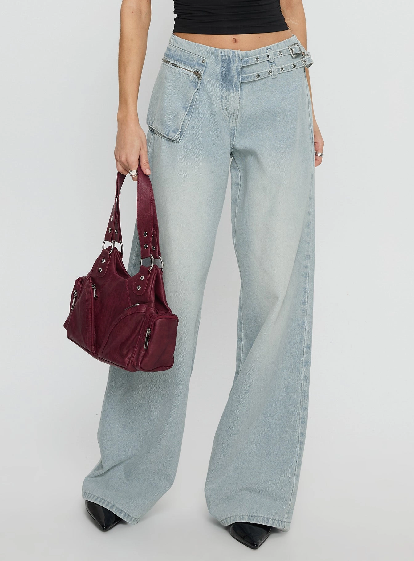 Utility Look Spring Mood Bold Look Paltrow Mid Rise Wide Leg Cargo Jeans Faded Blue Wash
