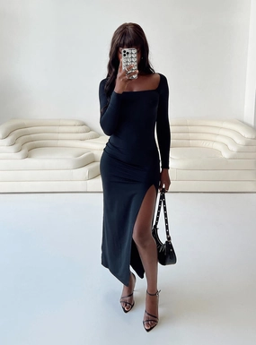 V Neckline High Hemline Hayward Long Sleeve Midi Dress Black