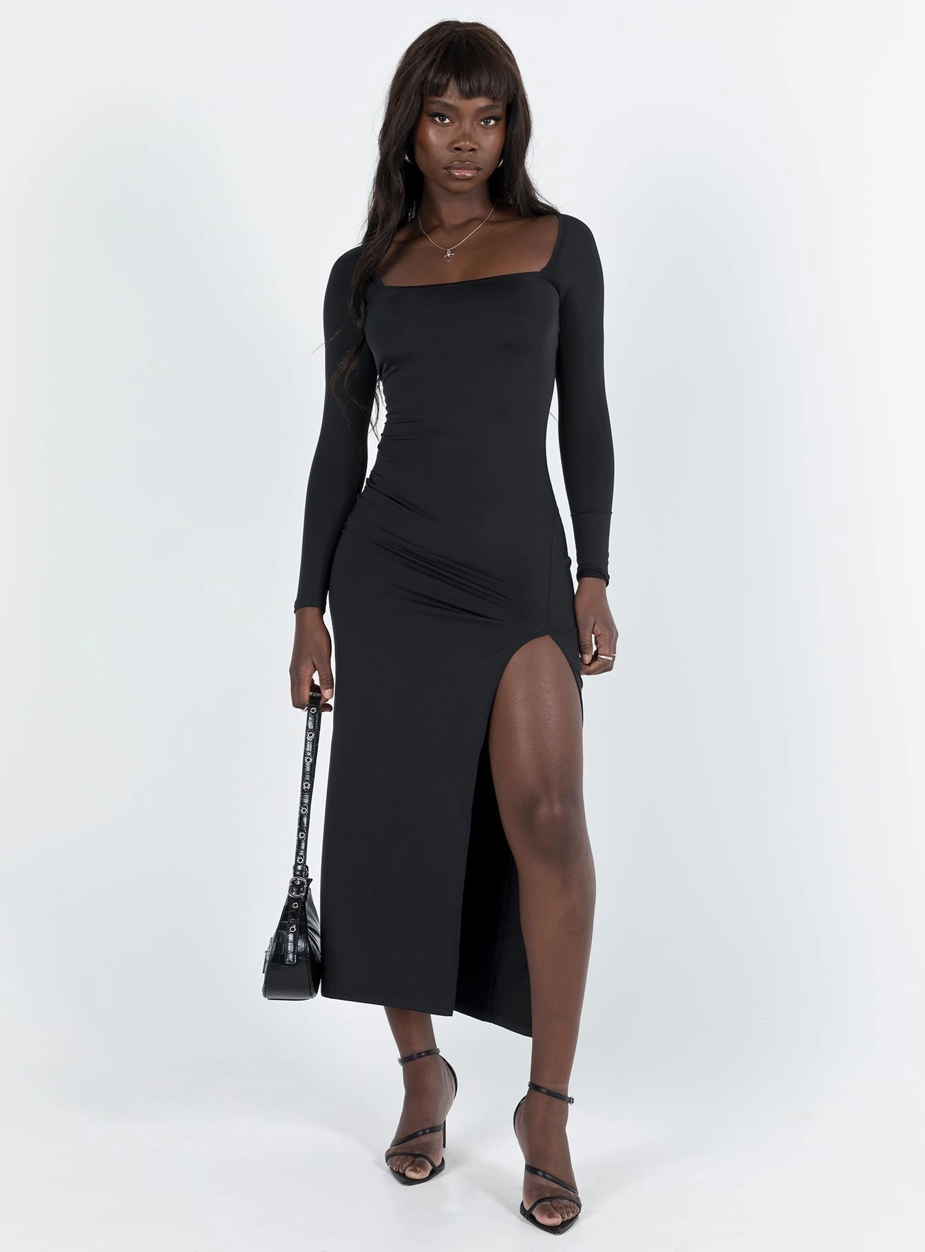 Hayward Long Sleeve Midi Dress Black Comfy Wear Light Layers