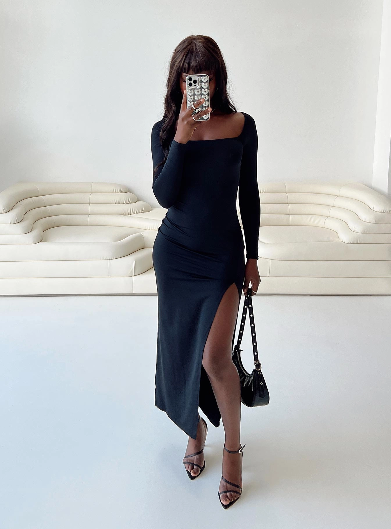 V Neckline High Hemline Hayward Long Sleeve Midi Dress Black