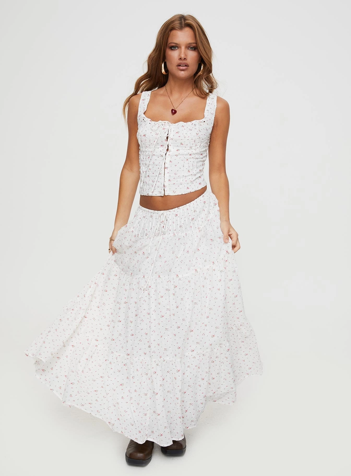 Cherry On Top Maxi Skirt White Floral Material Innovation