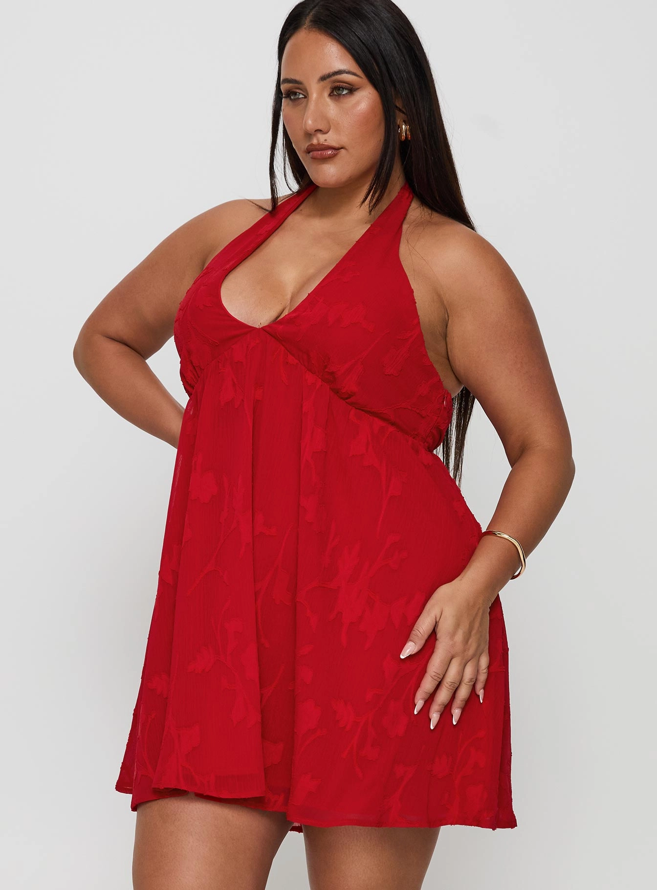 Self Power Fashionable Layers Moriah Halter Mini Dress Red Curve
