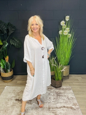 Versatile Layers Coconut Button Linen Dress White