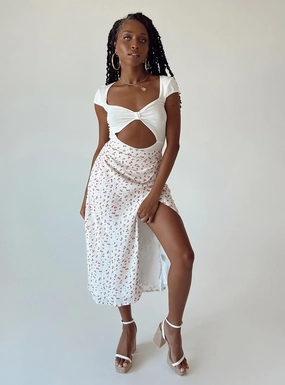 Hip Skimming Laid Back Look Mabel Midi Skirt White Floral