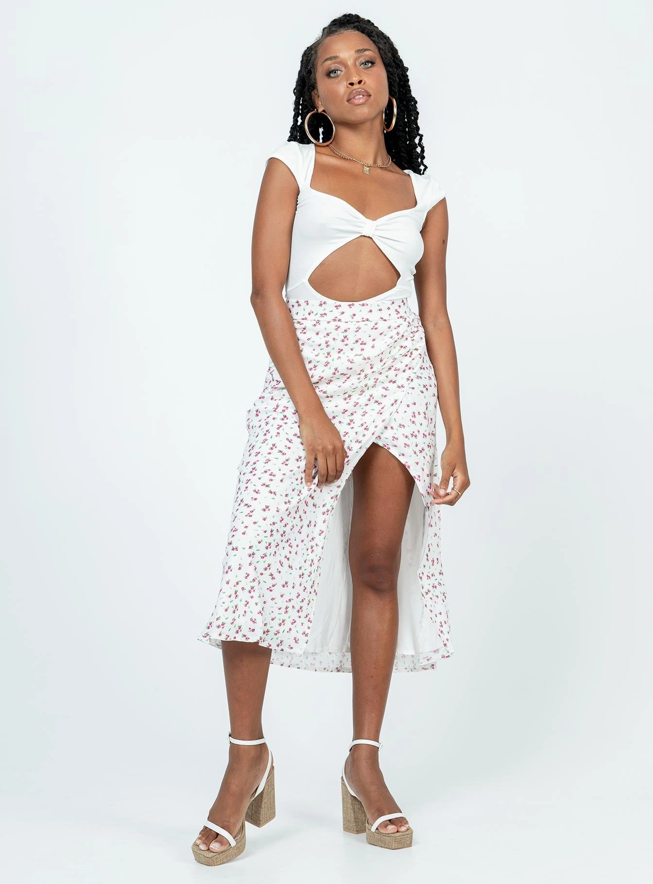 Mabel Midi Skirt White Floral Playful Vibe