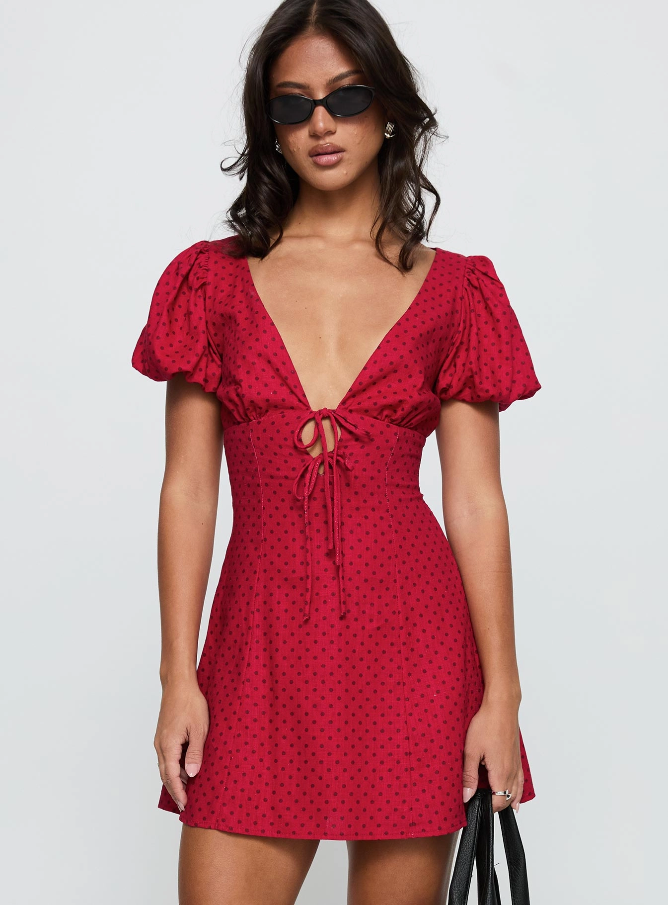 Vibrant Form Beloved Puff Sleeve Linen Blend Mini Dress Red Polka