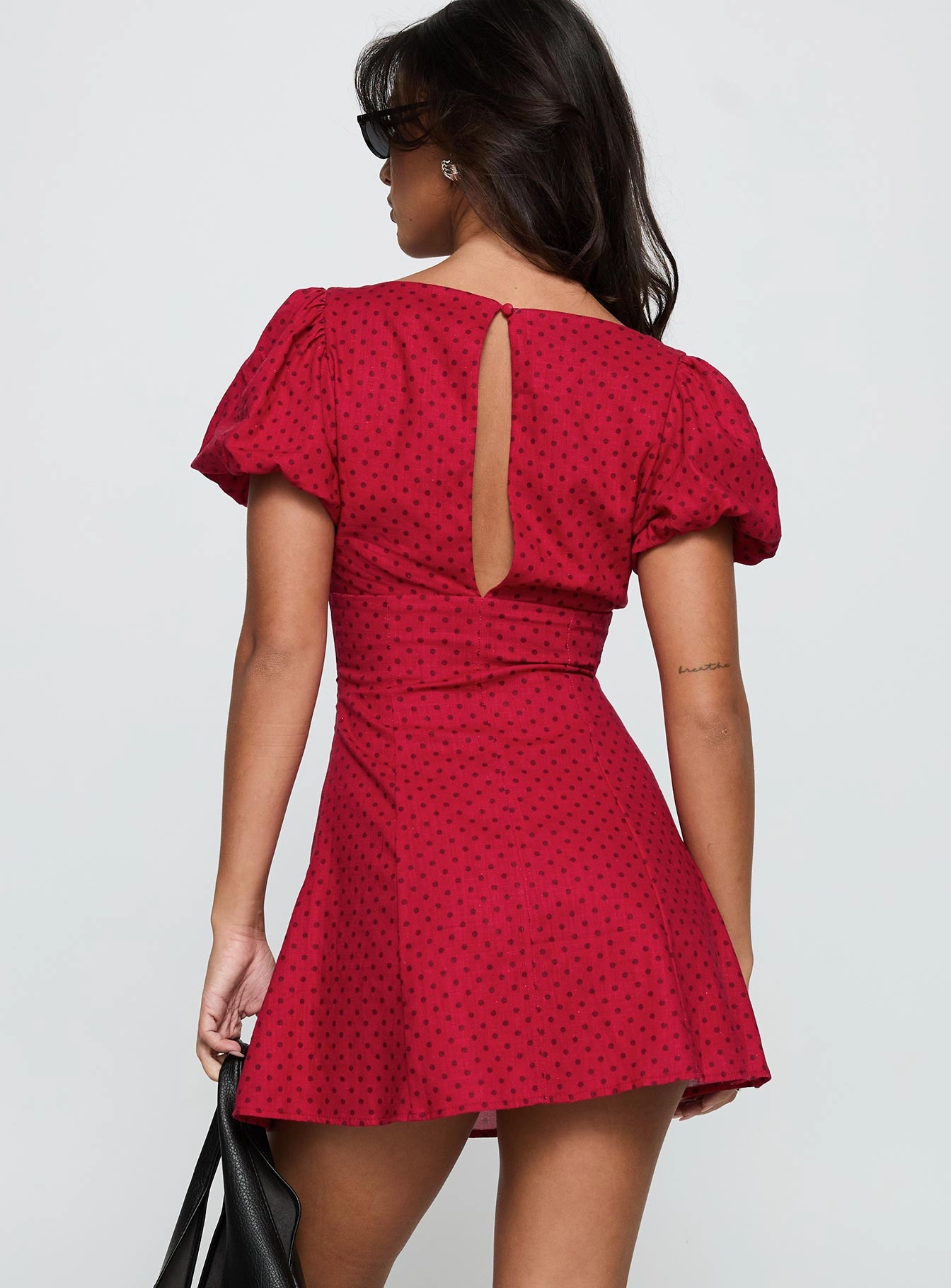 City Ready Beloved Puff Sleeve Linen Blend Mini Dress Red Polka