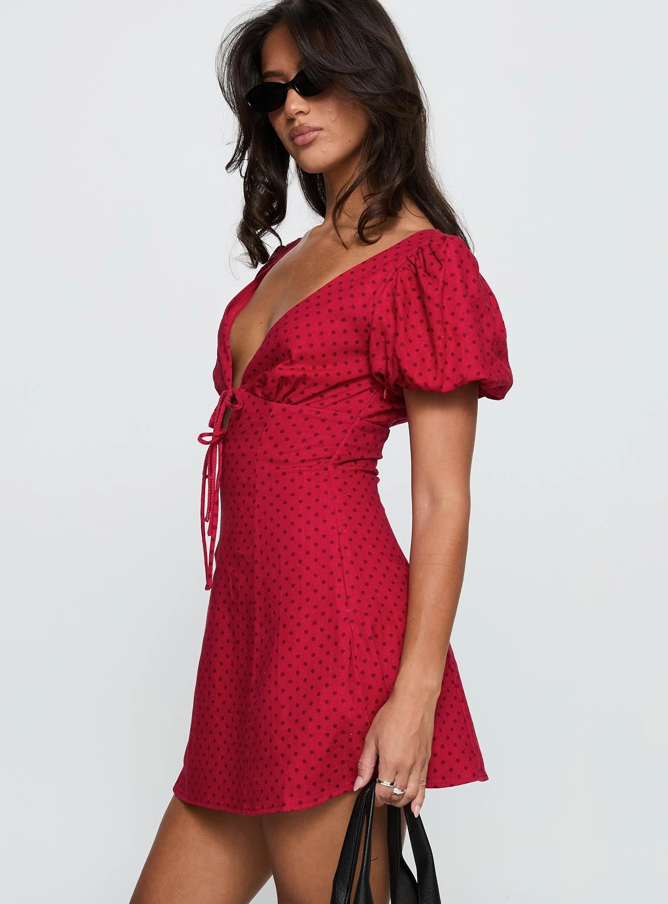 Calm Lines Beloved Puff Sleeve Linen Blend Mini Dress Red Polka