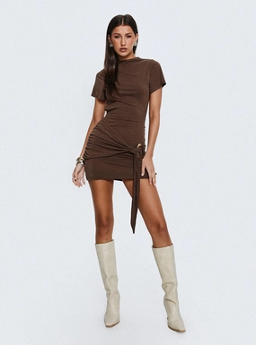 Statement Neck Madlen Open Back Draped Mini Dress Brown