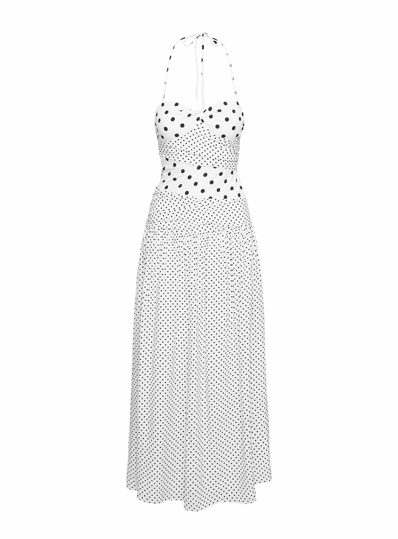 Unisex Option Artisanal-Detail Marguerite Halter Maxi Dress White Polka