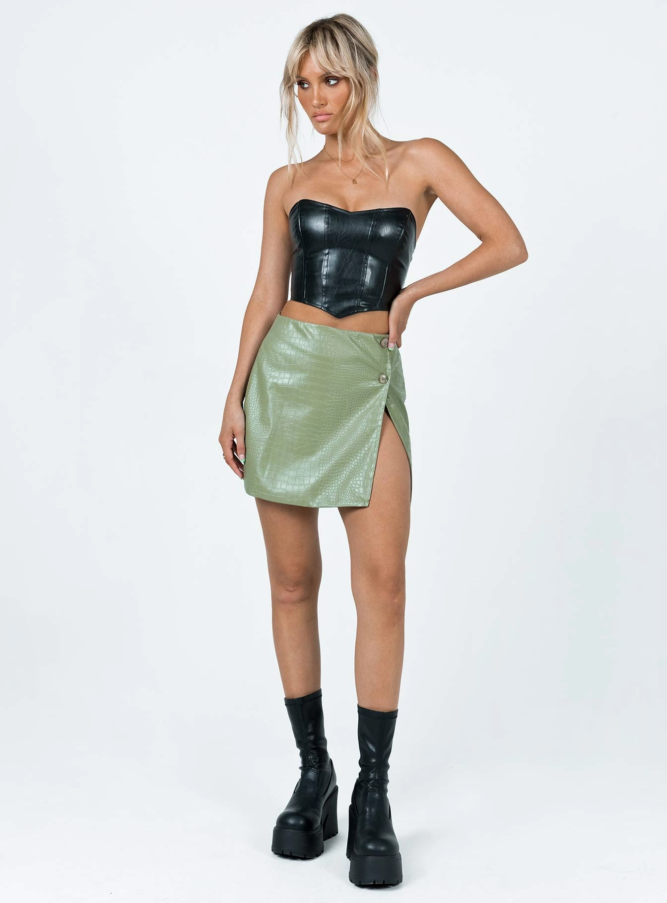 Marilyn PU Mini Skirt Green Side Slit Mix Culture