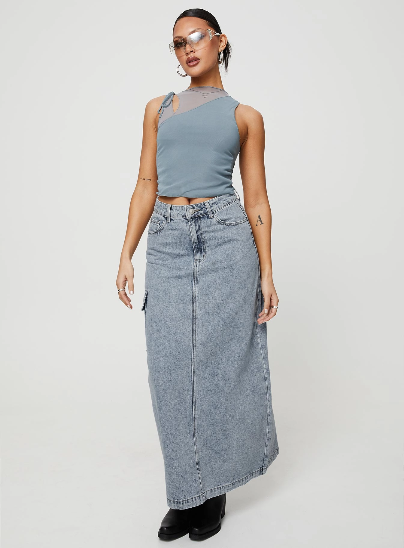 McGuane Denim Midi Skirt Sheer Overlay Visual Outfit