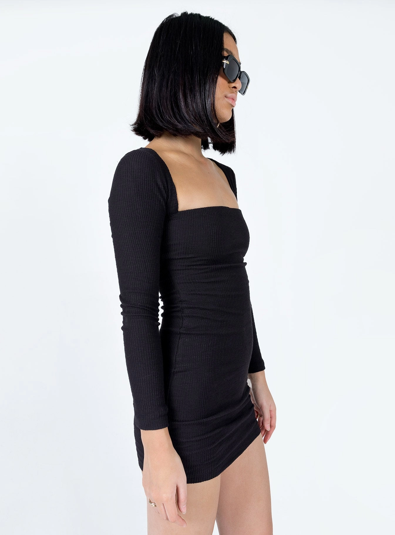 Melbourne Long Sleeve Mini Dress Black V Neckline