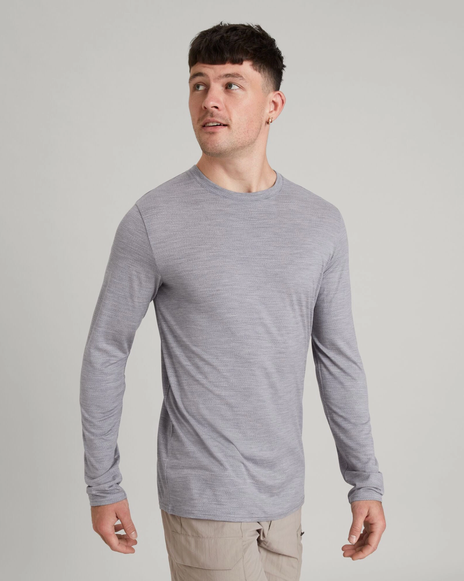 Flexible Collar Opening Effortless Comfort Wear Men's 100% Merino Long Sleeve Crew Top - Mid Grey Marle