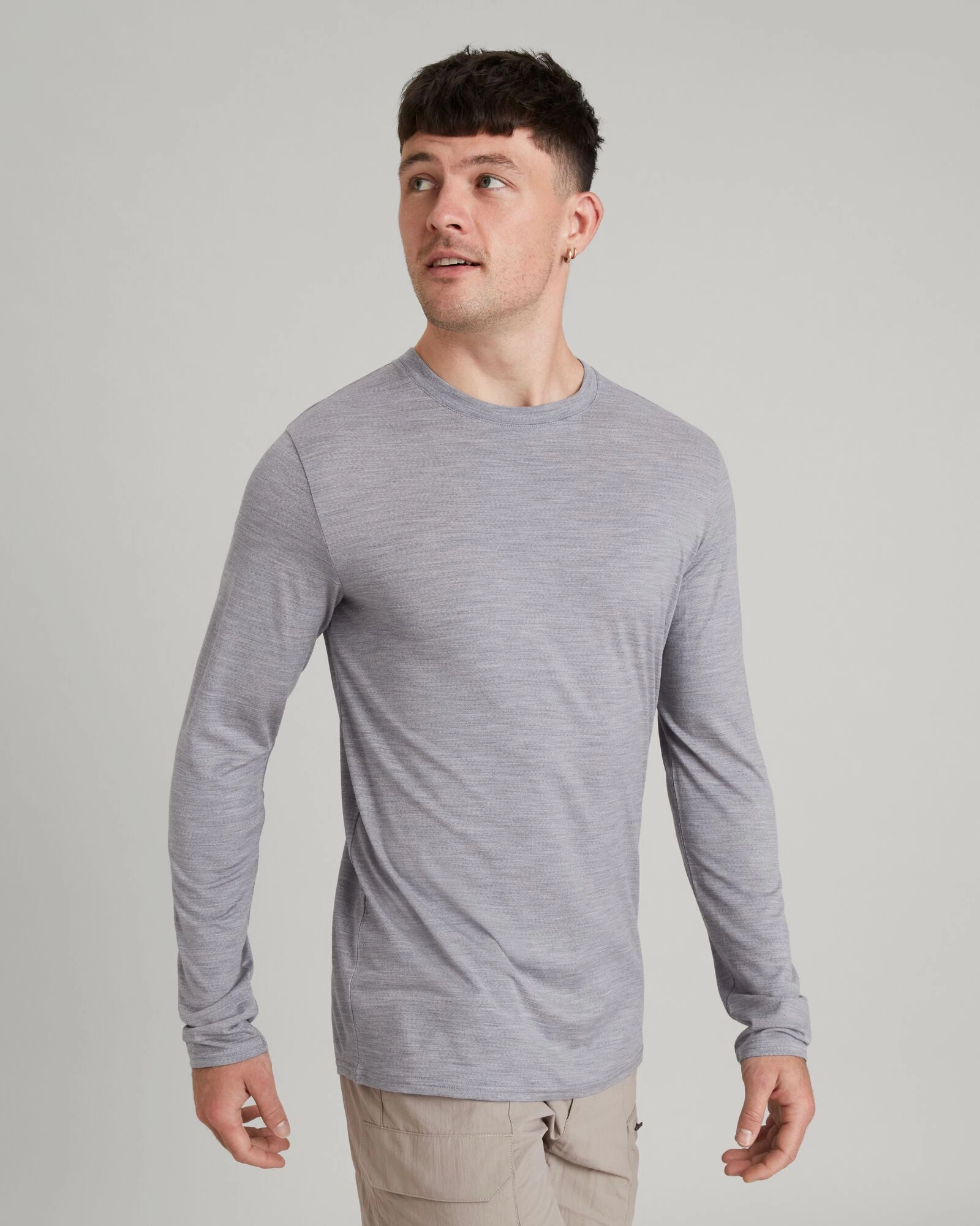 Smart Wear Comfy Style Men's 100% Merino Long Sleeve Crew Top - Mid Grey Marle