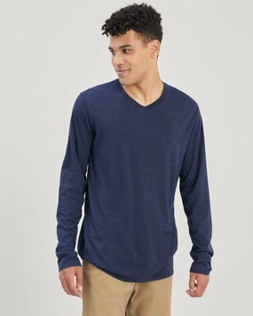 Men's 100% Merino Long Sleeve V-Top - Midnight Navy Marle Durable Stitching