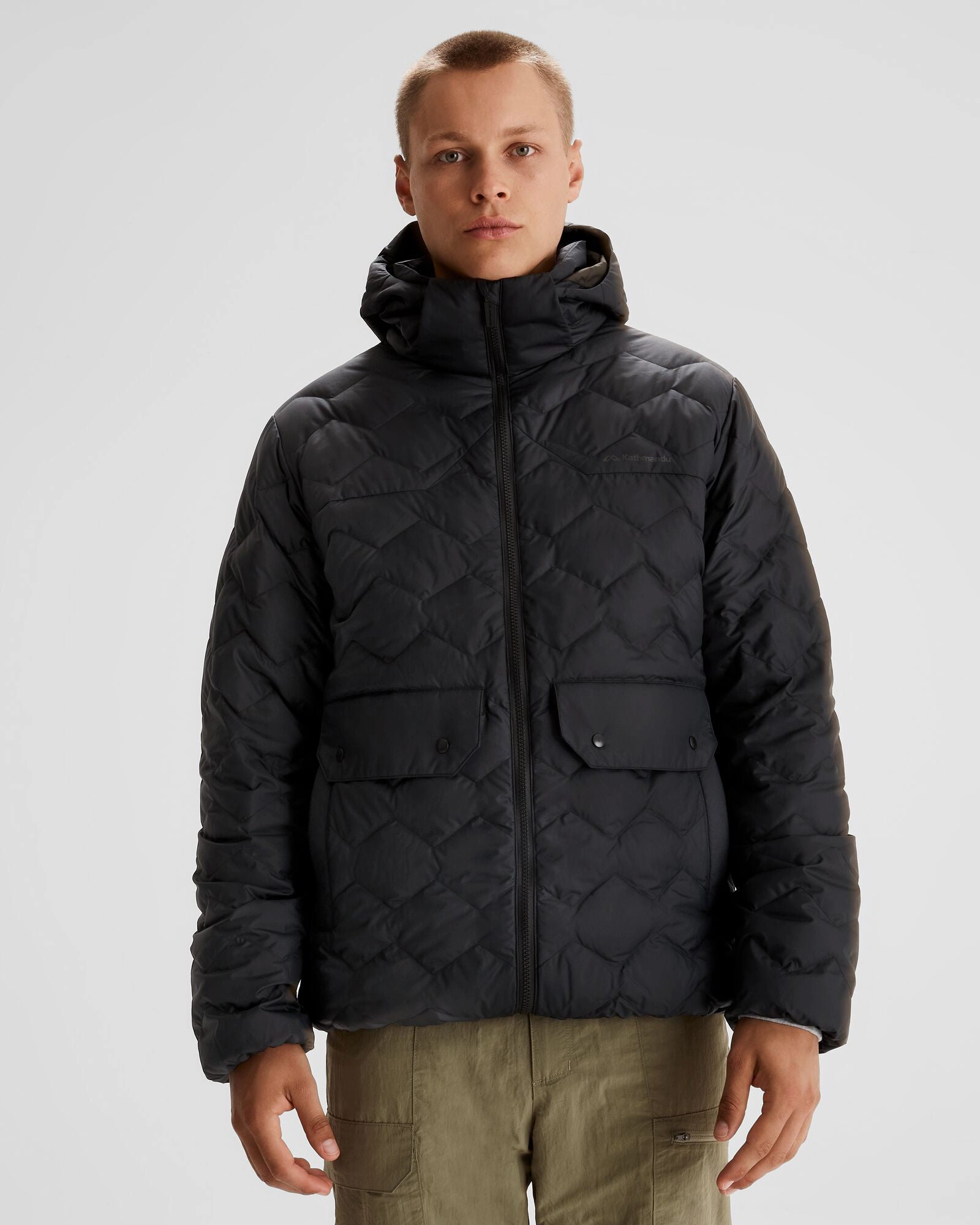 Men's Any Time Down Hooded Parka Jacket- Black Stingray Hypoallergenic Fiber Filling