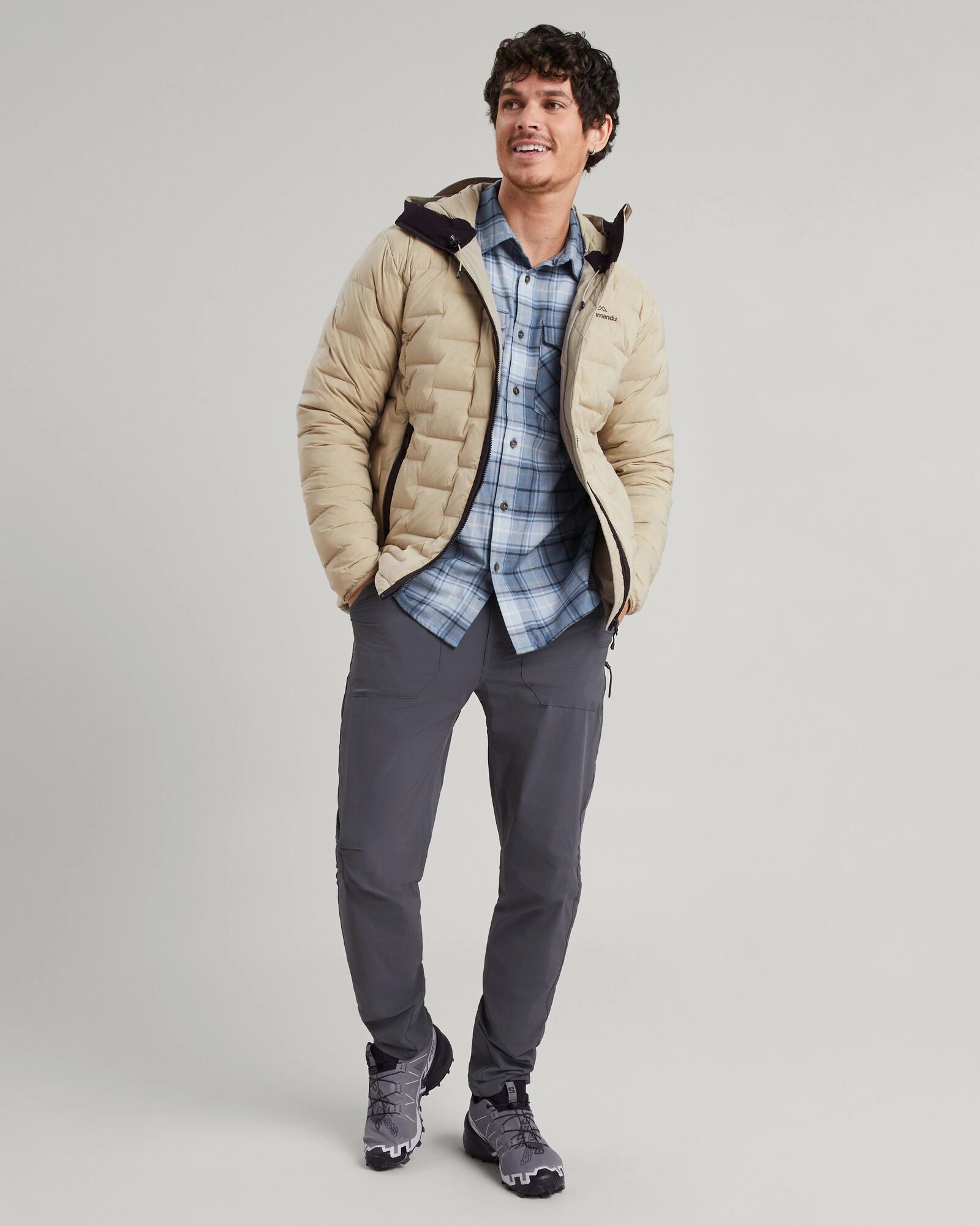 Men's Federate Stretch Hooded Down Jacket - Olive Grey NoiseReduciting Fabric