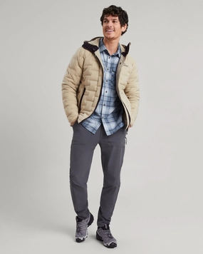 Men's Federate Stretch Hooded Down Jacket - Olive Grey Tagless Neckline Design