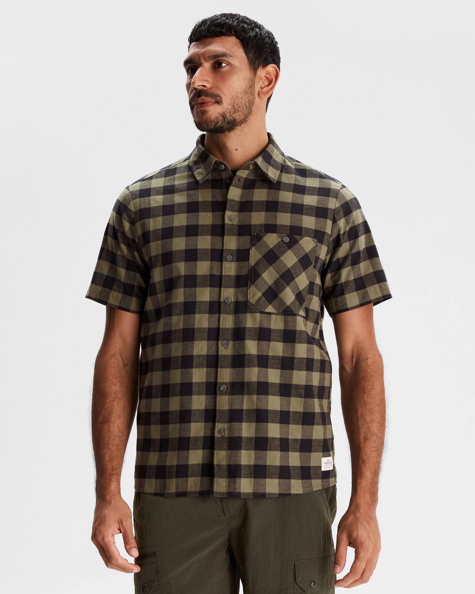 Men's Fyfe Short Sleeve Shirt - Light Moss Gingham Bamboo Fiber Blend Unique Design