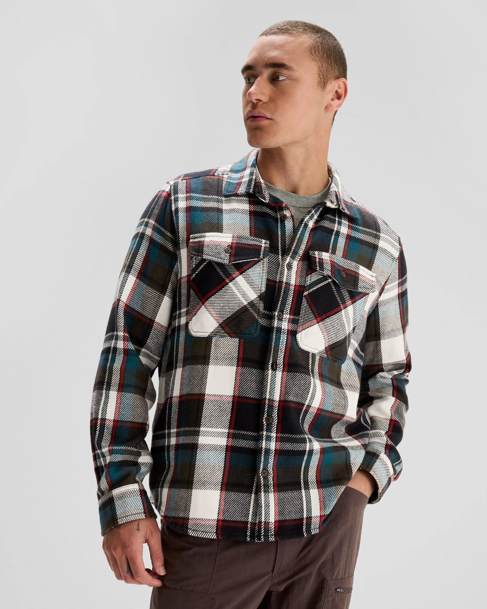 Men's Huntly Long Sleeve Shirt - Hut Plaid Dark Moss Brushed Inner Lining