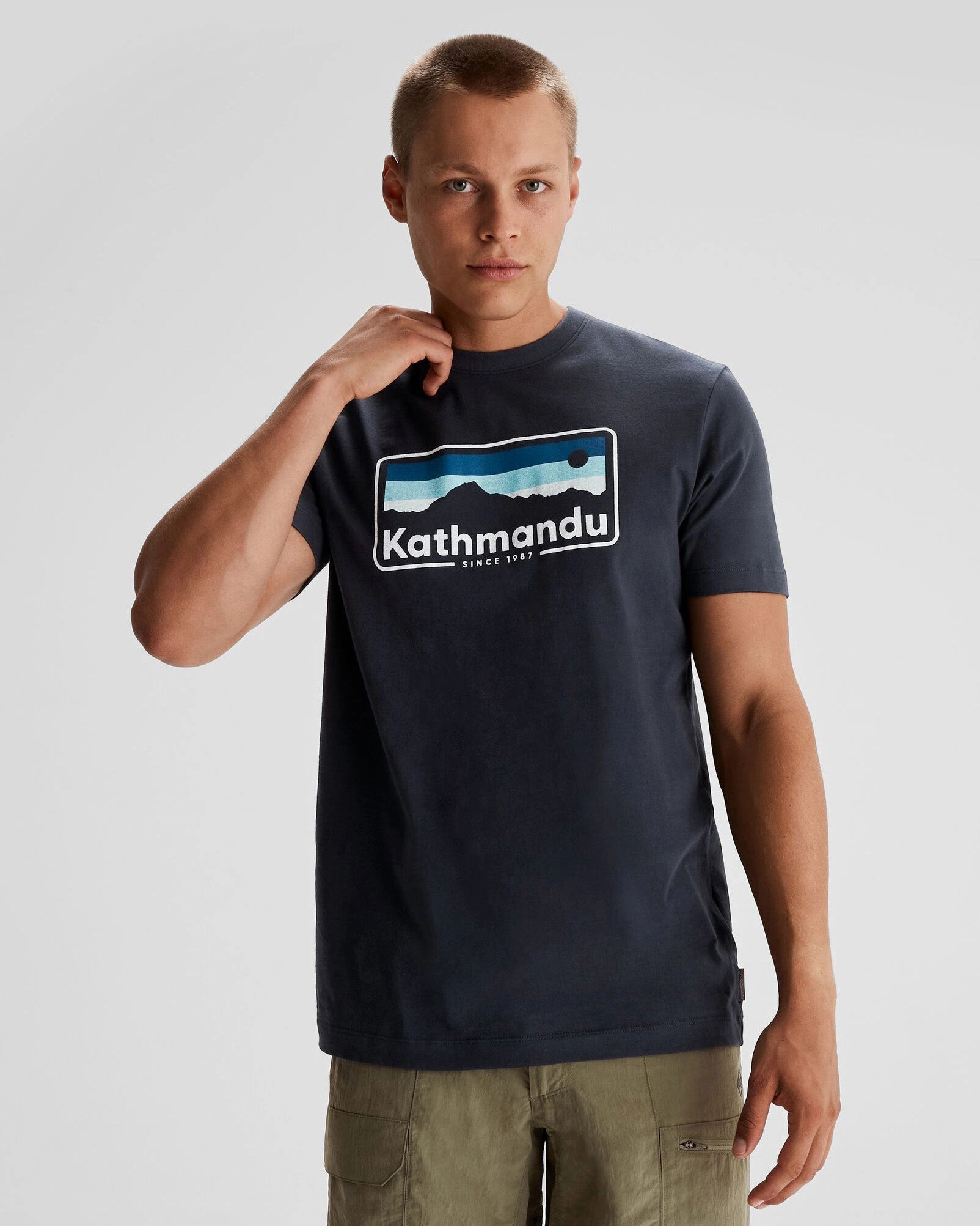 Men's Kathmandu Logo 70's Organic Cotton T-shirt - Midnight Navy Light Fit Wear Trendy Piece