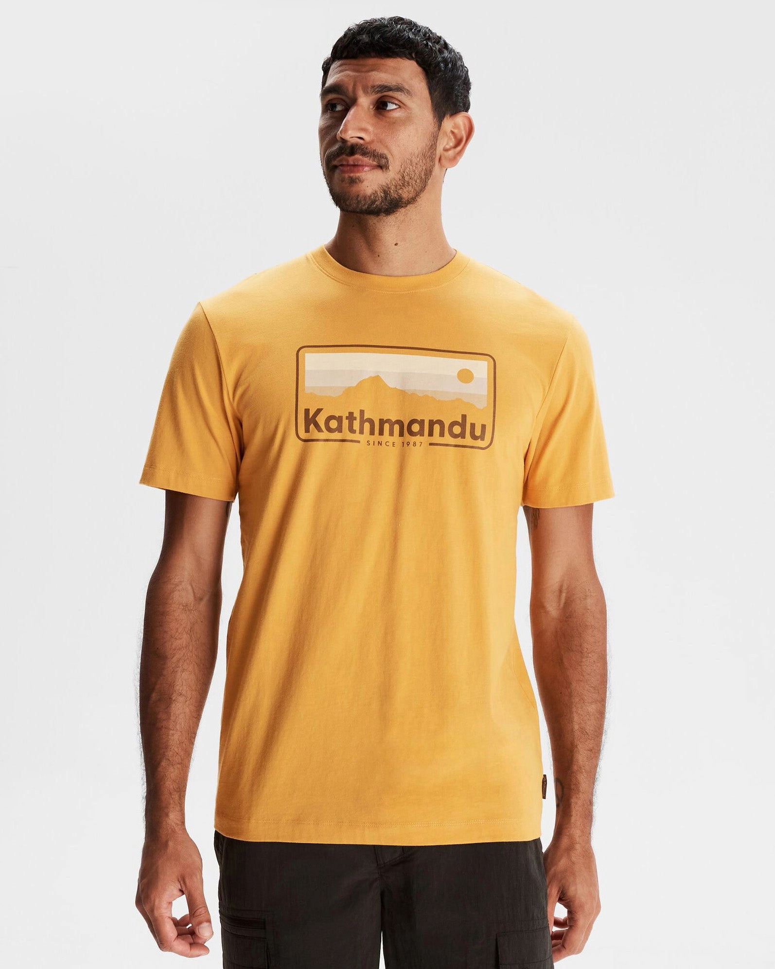 Men's Kathmandu Logo 70's Organic Cotton T-shirt - Mustard Yellow Comfort Stretch Wear