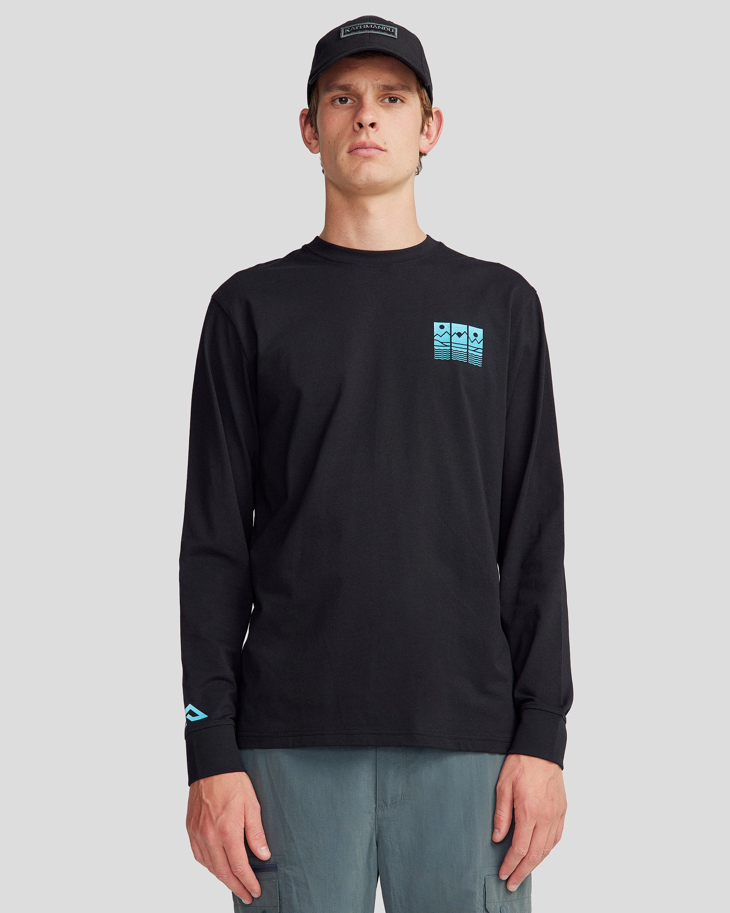 Men's Mountain Triptych Organic Cotton Long Sleeve T-shirt - Black Stingray Breathable Wearable quick-drying