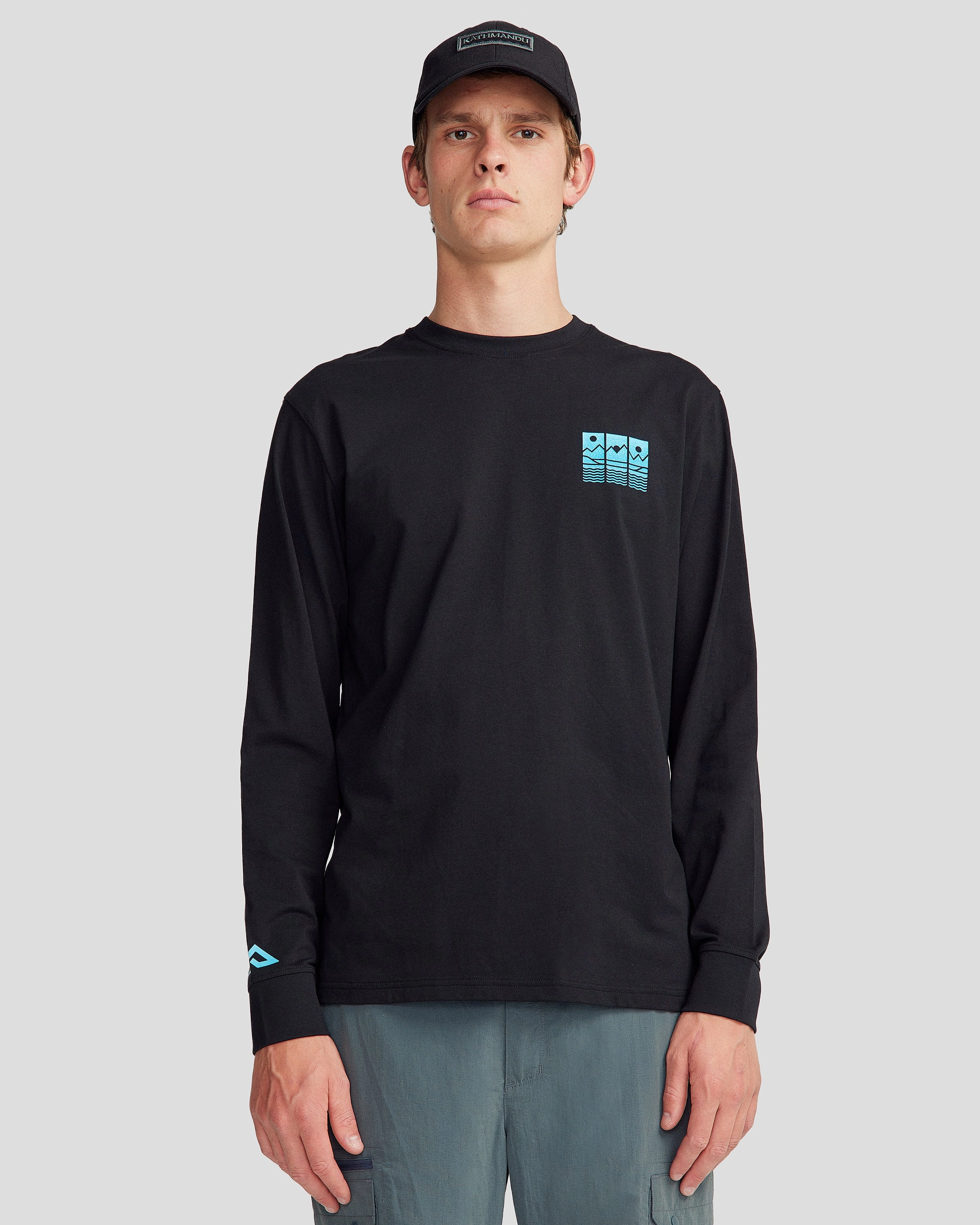 Men's Mountain Triptych Organic Cotton Long Sleeve T-shirt - Black Stingray Breathable Design